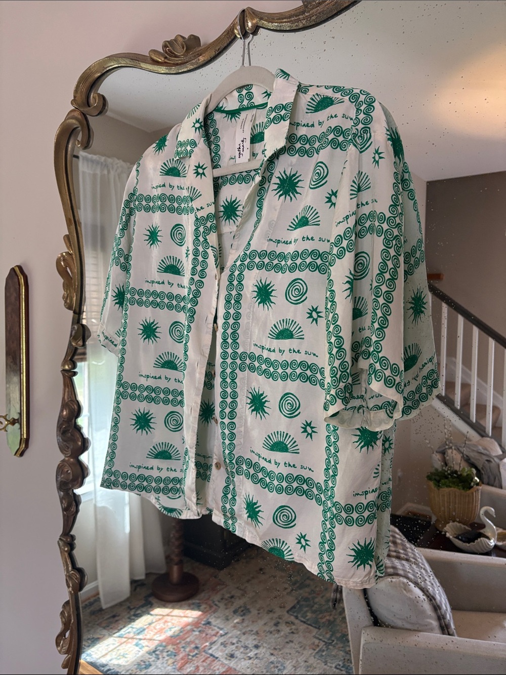Anthropologie White Blouse with Green Sunburst Print
